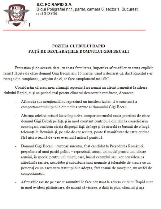 Rapid cere pedepsirea lui Becali pentru rasism! Taban: 