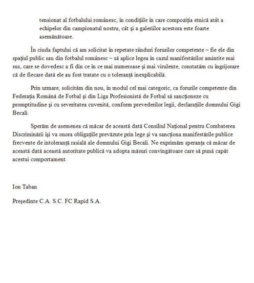 Rapid cere pedepsirea lui Becali pentru rasism! Taban: 