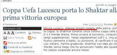 SOC din Italia! Il Giornale: Tiganul roman, Mircea Lucescu, a luat Cupa UEFA!