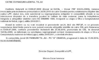 Condescu: M-am inteles cu Dinamo, meciul cu Craiova se va juca! Vezi comunicatul LPF prin care Pandurii pierde cu 3-0