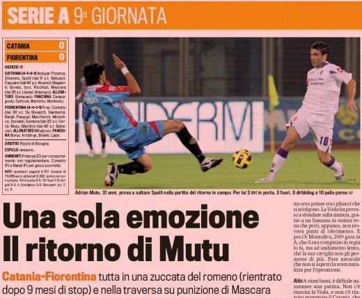 Asa arata revenirea lui Mutu la Fiorentina: Mutu, ZERO suturi pe poarta, ZERO driblinguri!