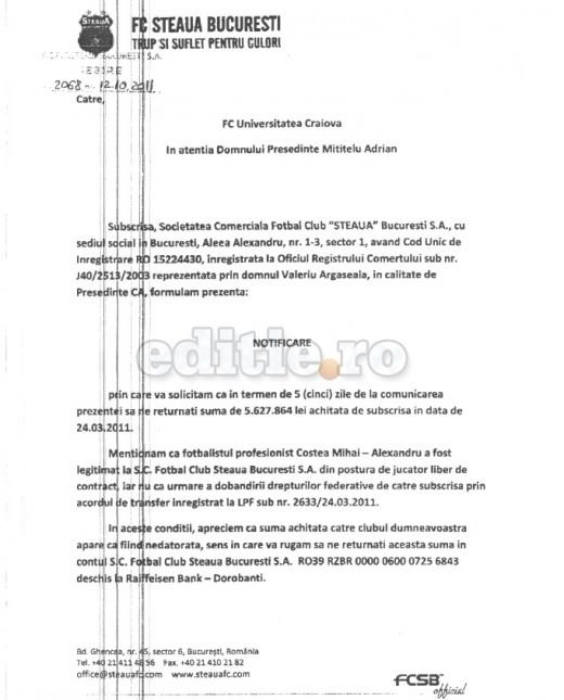 BOMBA de 1.4 mil euro la Craiova: Steaua cere oficial banii inapoi dati pe Mihai Costea! Vezi faxul trimis_3