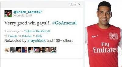 Caterinca anului in Anglia! Un jucator de la Arsenal si-a facut toti colegii homosexuali pe Twitter... din greseala :))