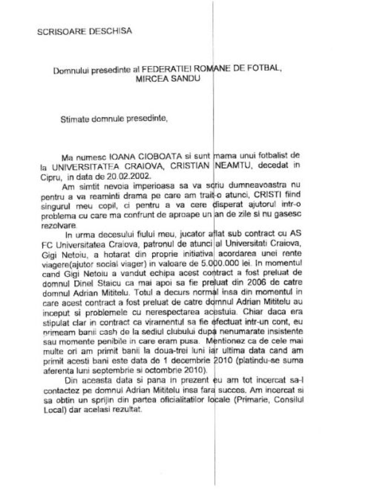 O scrisoare emotionanta primita de Mircea Sandu de la mama unui jucator care si-a dat viata pentru Universitatea Craiova!_3