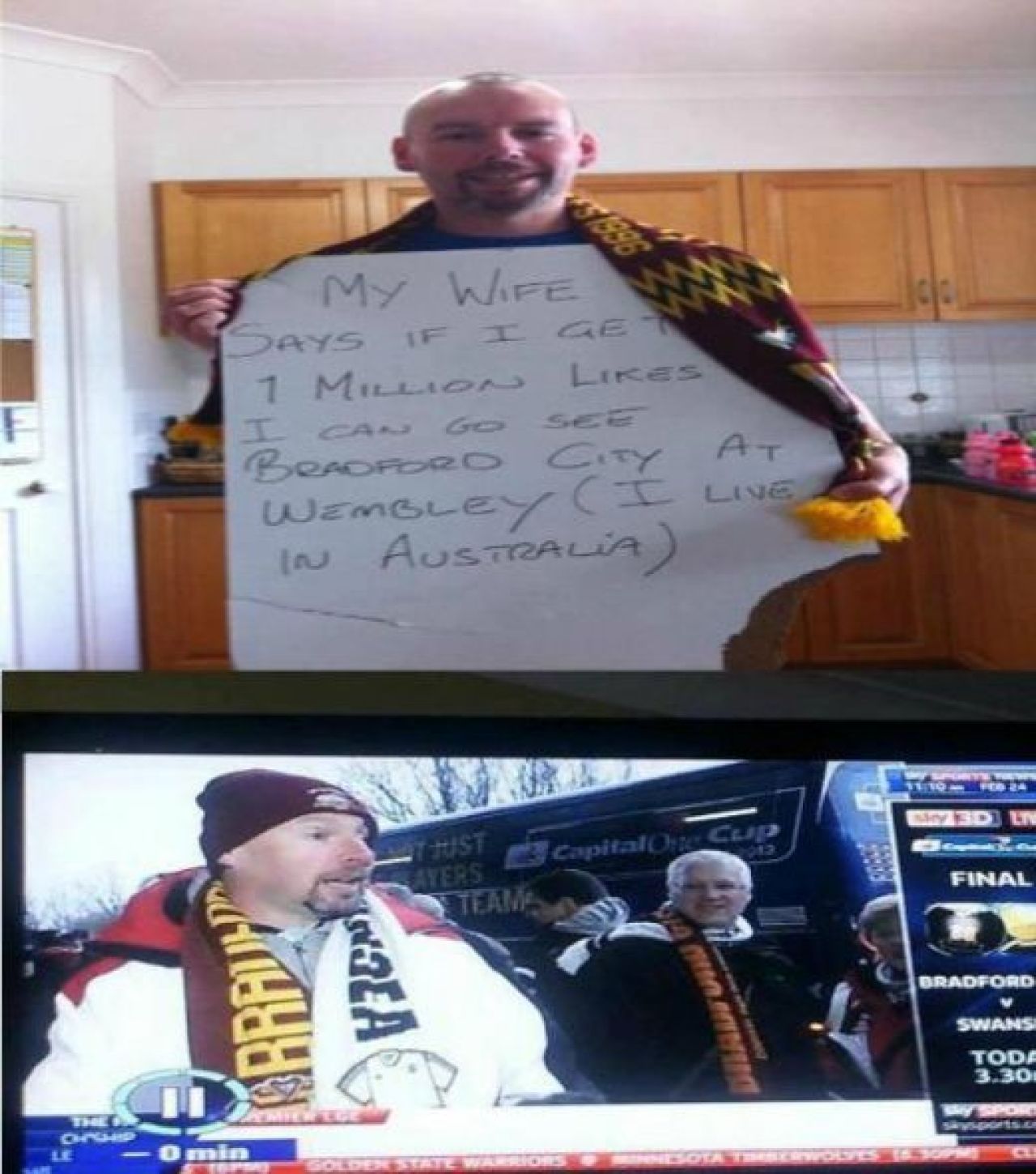 Imaginea pe care asteptau s-o vada MILIOANE de oameni! Gestul SENZATIONAL al unui suporter pentru echipa vietii lui! Bradford 0-5 Swansea, finala Cupei Ligii Angliei!_2