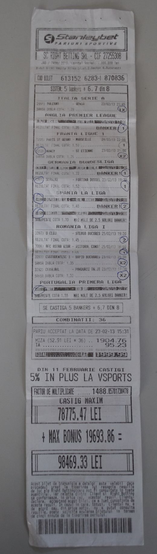 A pus 2000 de lei pe 13 meciuri si i-au iesit TOATE! Un bucurestean a dat marea lovitura la pariuri! Ce suma fabuloasa a castigat: