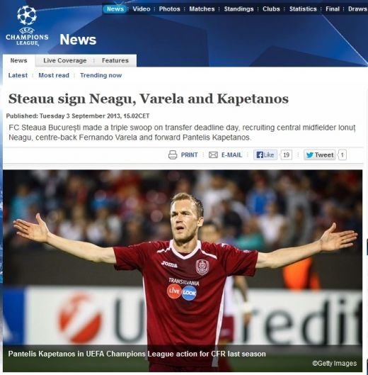 Steaua, din nou pe PRIMA PAGINA a UEFA: tripla LOVITURA data cu Varela, Kapetanos si Neagu, prezentata si de forul european!