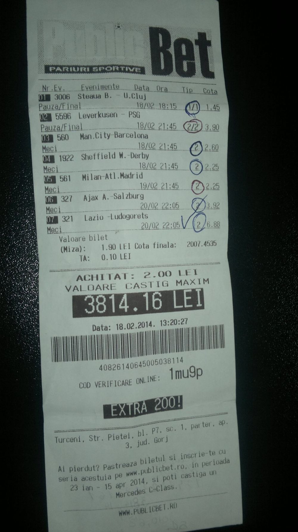 2 lei jucati si o cota uriasa! Steaua, Barcelona si Atletico i-au adus un castig important! Biletul saptamanii jucat de un roman: FOTO