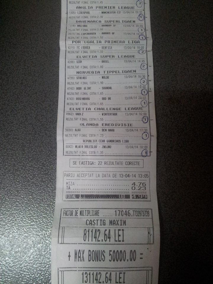 Probabil cel mai tare bilet din 2014! Un ROMAN a dat o lovitura fabuloasa: 30 de mii de euro cu doar 5 lei jucati! Vezi biletul