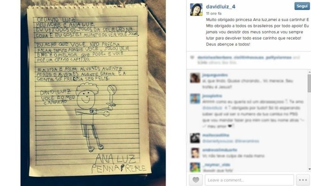 Tu ramai campionul meu! Scrisoarea emotionanta primita de David Luiz de la o fetita de 9 ani dupa umilinta cu Germania