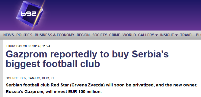 SOC in Europa de Est: un GIGANT investeste 100 milioane &euro; in Steaua Rosie Belgrad! Putin, presedinte de onoare al clubului