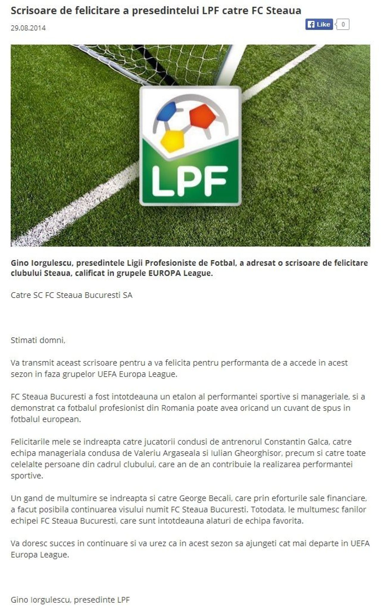 Moment istoric in Romania: Scrisoarea de FELICITARE pentru calificare trimisa de LPF in Ghencea dupa cosmarul cu Ludogorets_1