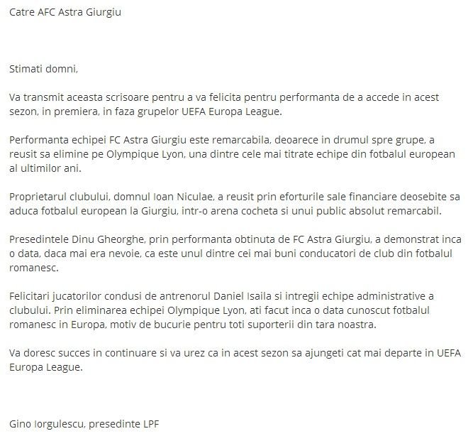 Moment istoric in Romania: Scrisoarea de FELICITARE pentru calificare trimisa de LPF in Ghencea dupa cosmarul cu Ludogorets_2