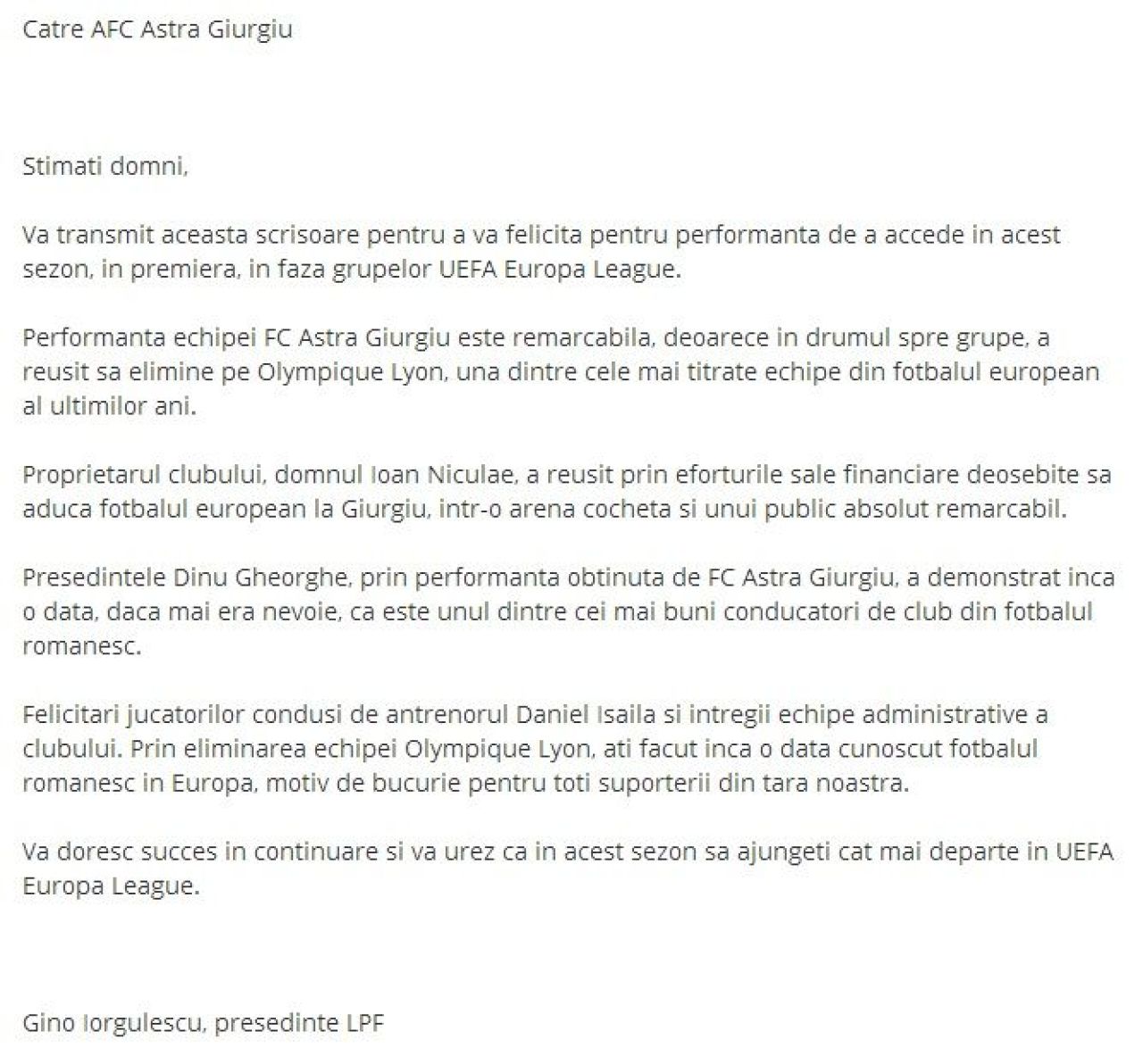 Moment istoric in Romania: Scrisoarea de FELICITARE pentru calificare trimisa de LPF in Ghencea dupa cosmarul cu Ludogorets_2
