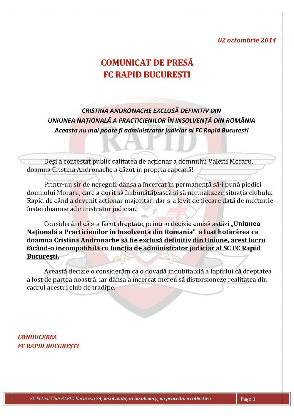 Moraru a scapat de Cristina Andronache, Rapidul va avea un alt administrator judiciar! Nae Stanciu: 