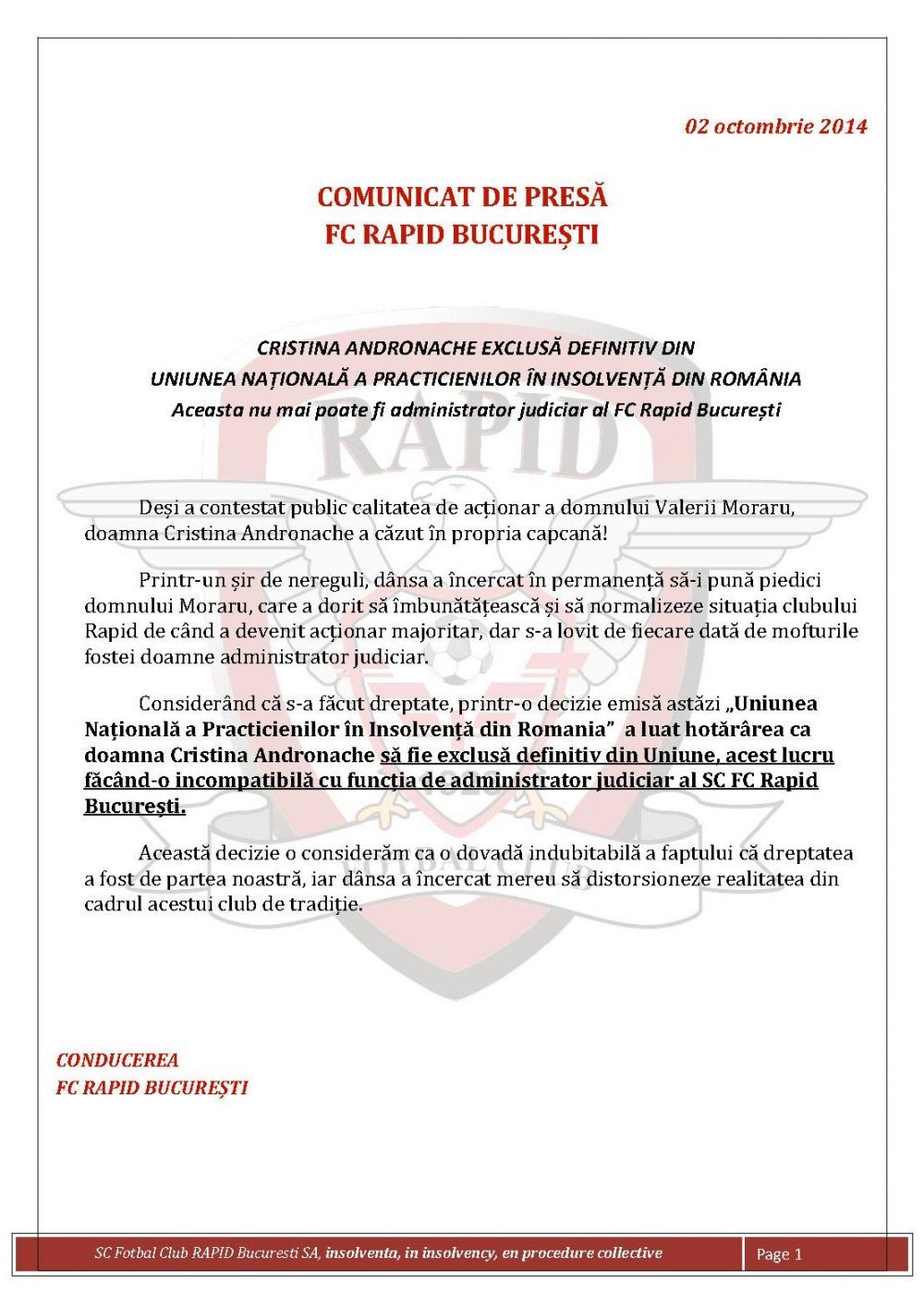 Moraru a scapat de Cristina Andronache, Rapidul va avea un alt administrator judiciar! Nae Stanciu: