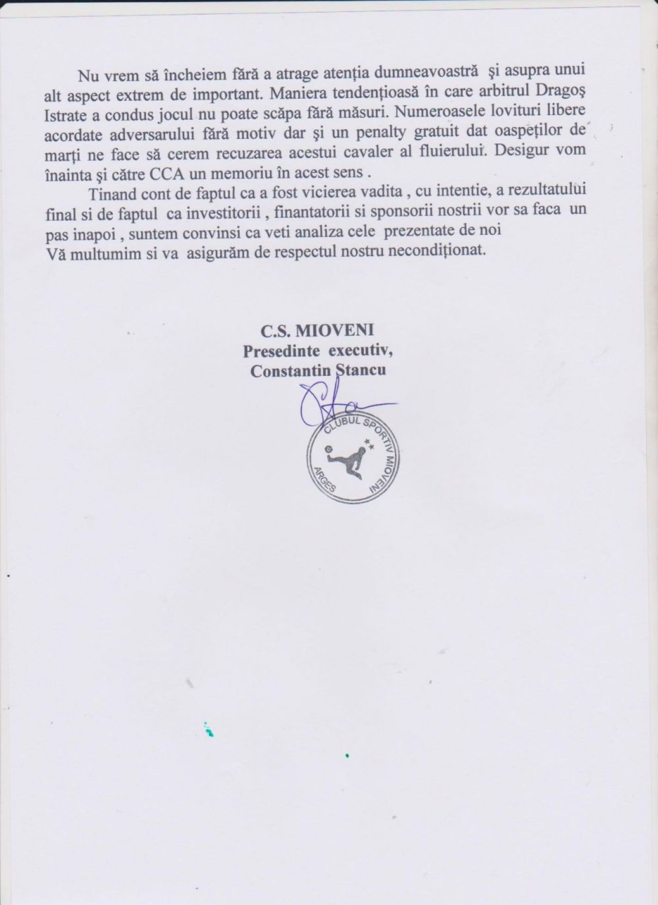 CS Mioveni cere REJUCAREA meciului cu CFR Cluj, din sferturile Cupei Romaniei! Scrisoarea trimisa presedintelui FRF_3