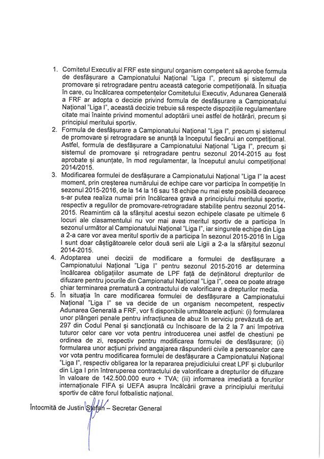 Ruperea contractului pentru drepturile TV si chiar plangere penala pentru abuz cu sanctiuni de pana la 7 ani de inchisoare. SCRISOAREA de avertisment trimisa de LPF catre Federatie, daca vor sa schimbe Liga I_4