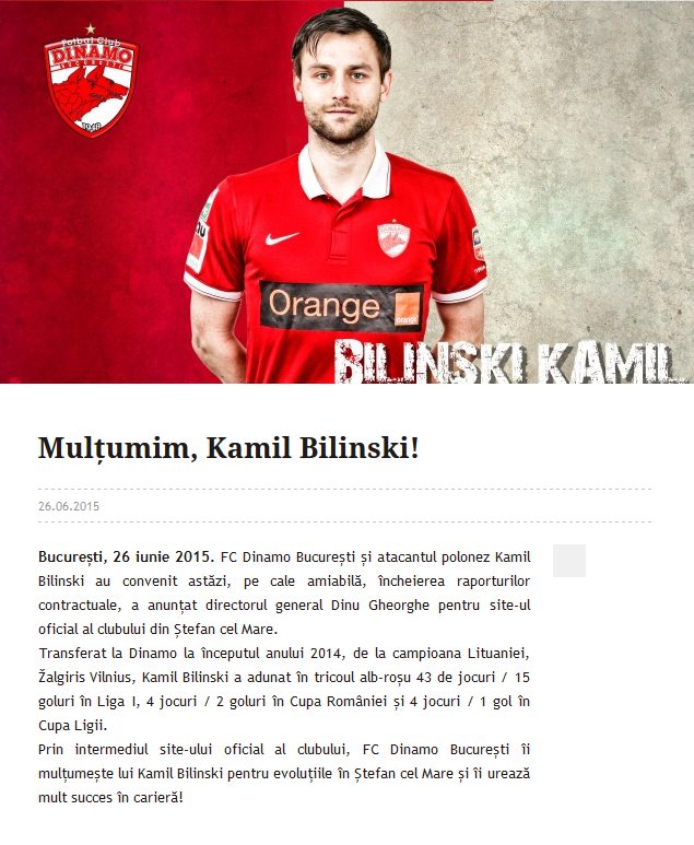 OFICIAL: Dinamo s-a despartit de golgeterul Bilinski! Anuntul facut pe site-ul oficial