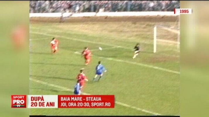 Imagini unice de la ultima intalnire Baia Mare - Steaua. In urma cu 20 de ani, Steaua avea acelasi antrenor, iar oamenii se urcau pe garduri sa vada fotbal