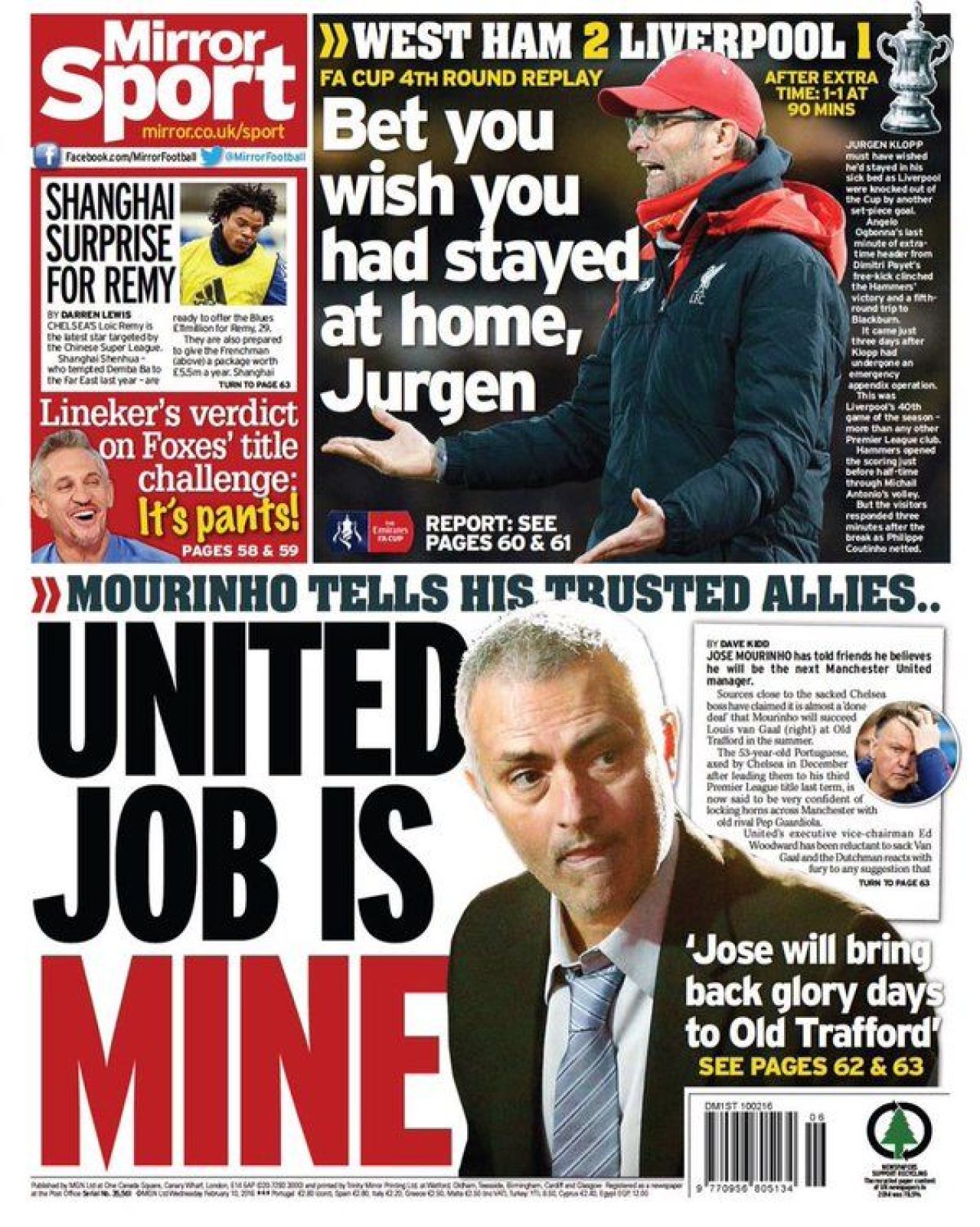 3 ziare din Anglia au astazi pe prima pagina mesajul lui Mourinho pentru apropiati: