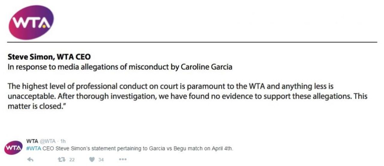WTA ofera prima reactie in dosarul Begu - Garcia: