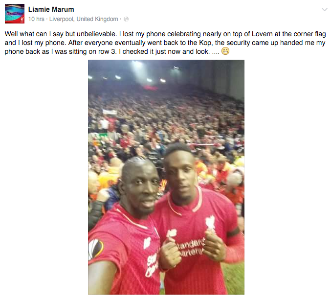 Fanul lui Liverpool care a trait un miracol in plus aseara pe Anfield! Si-a pierdut telefonul si cand l-a gasit... a vazut selfie-uri cu jucatorii in galeria foto :)