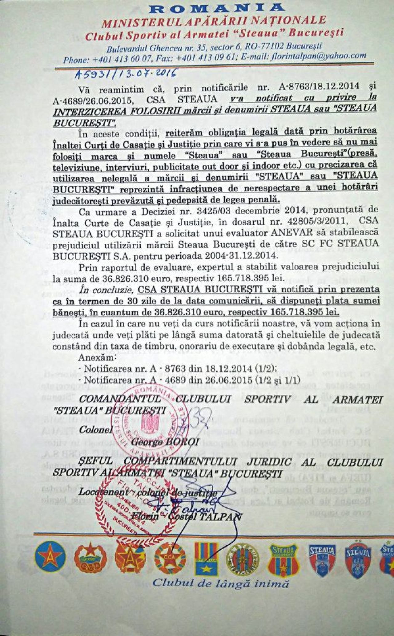 Tablou suprarealist pictat in scandalul Armata - Becali: CSA ameninta FRF si LPF cu judecata daca mai accepta denumirea