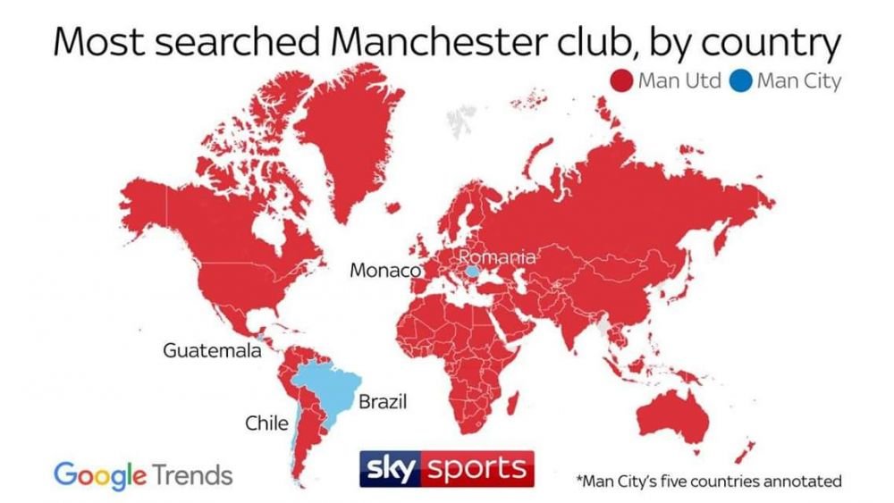 Cel mai cautat club Manchester in functie de tara! Surpriza: pe cine a ales Romania intre City si United