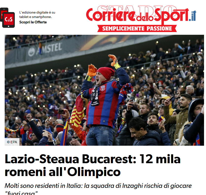 LAZIO - STEAUA // Corriere dello Sport, in deschidere: 12.000 de romani diseara, Lazio joaca in deplasare!
