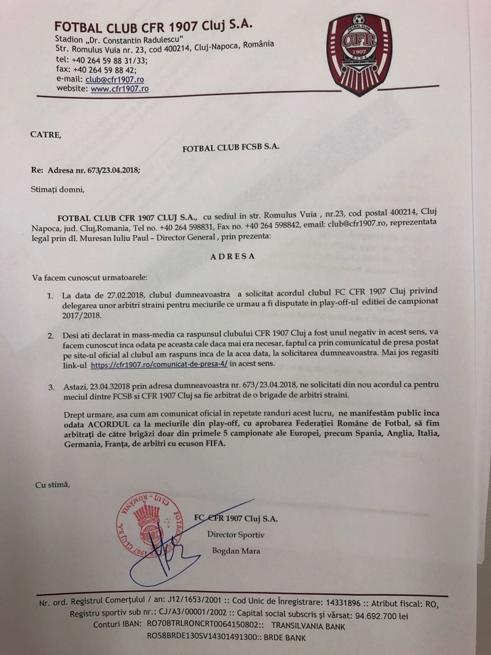 Anunt URIAS facut de CFR Cluj inaintea derby-ului cu Steaua: