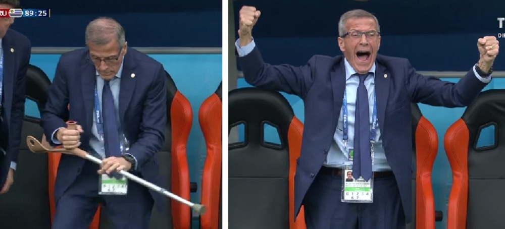 Imaginea zilei la Mondial: selectionerul a renuntat la carje de bucurie, la golul Uruguayului! Drama lui Oscar Tabarez