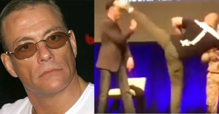 Momentul in care Van Damme incaseaza un picior in cap ca in filme de la un fan pe care il ia valul! VIDEO