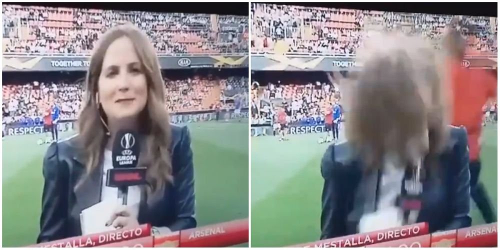 FAZA INCREDIBILA inainte de Valencia - Arsenal! O jurnalista din Spania a incasat-o IN DIRECT! Nu a stiut ce a lovit-o: VIDEO