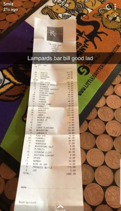 209 sticle de bere, 232 shoturi si 5 sticle de Prosecco! Lampard a platit nota dupa calificarea in finala Play Off-ului pentru Premier League, dar se roaga ca jucatorii sai sa mai fie apti :)