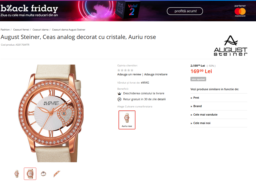 CEAS CU DIAMANTE redus 92%: a ajuns la doar 169,99 de lei! S-a vandut si BMW-ul Seria 8 cu peste 100 000 de euro! AICI TOATE REDUCERILE de Black Friday de la eMag