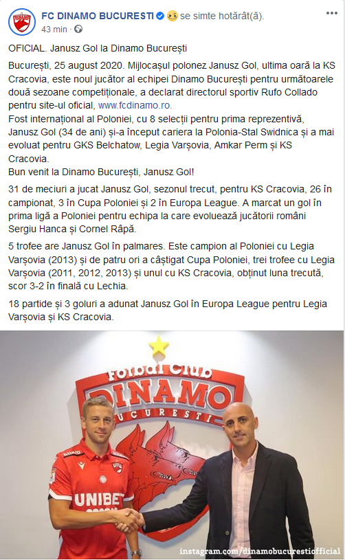 Primul transfer extern pentru Dinamo dupa venirea spaniolilor! Jucatorul a fost prezentat oficial. Janusz Gol e anuntat ca o mare lovitura: ce salariu urias pentru Liga 1 are