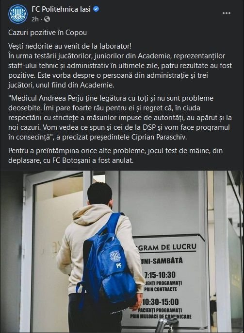 4 dintr-o lovitura! Cazuri la Poli Iasi: doua sunt printre fotbalisti. Anuntul clubului