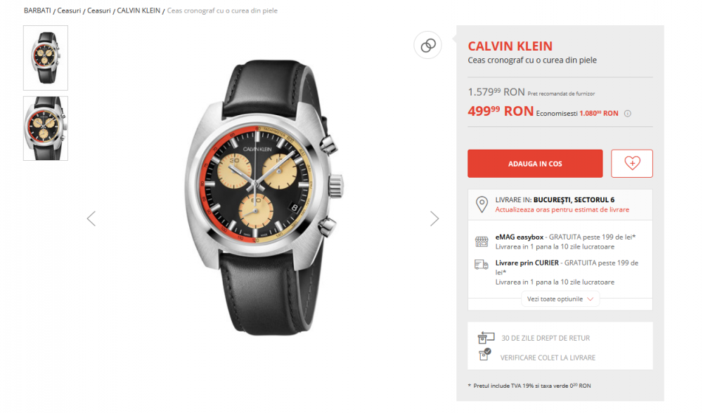 Ceas Calvin Klein redus cu 1080 de lei! Il poti lua cu 499,99 lei daca il cumperi ACUM! Ceas cu curea de piele Frederic Graff redus de la 1260 de lei la 189,99 lei! Taieri MASIVE de preturi: 84%_2