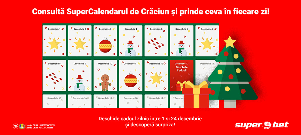 (P) Superbet te rasfata zilnic! Consulta calendarul si deschide sacul lui Mos Craciun in fiecare dimineata, ca sa vezi ce ai primit!