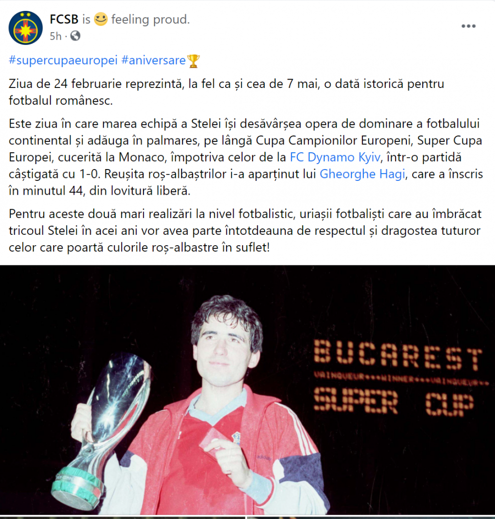 Postarea care ii va INFURIA pe cei de la CSA! FCSB a pus pe Facebook amintiri de la Supercupa Europei castigata de Steaua in urma cu 34 de ani