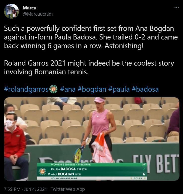 Ana Bogdan a pierdut meciul turneului la Roland Garros cu Paula Badosa, 6-2, 6-7, 4-6 dupa 2 ore si 50 de minute de joc! Bogdan a ratat minge de meci in setul 2_3