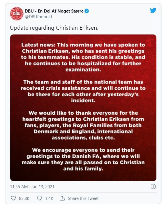 Federatia daneza a dat publicitatii noi detalii despre starea lui Christian Eriksen
