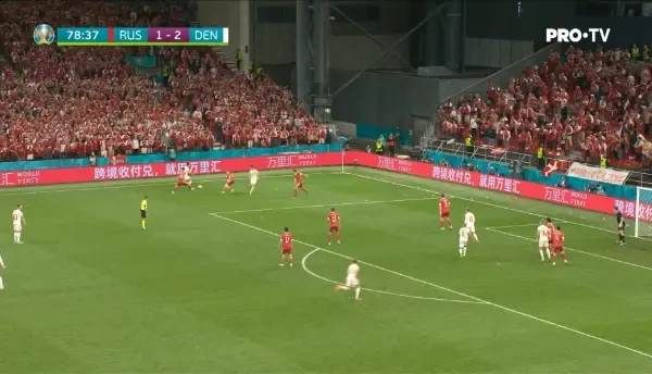 GOOOOOOL DANEMARCA! Asediu la poarta Rusiei, balonul trimis de Braithwaite este respins de fundasi si ajunge la Christensen in 20 de metri, care suteaza direct si il invinge pe portar