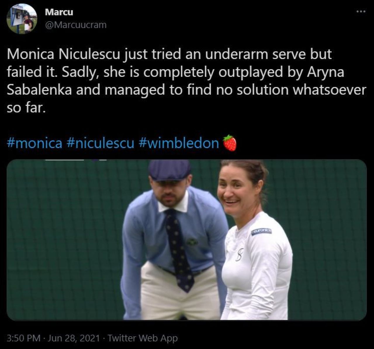 Monica Niculescu, invinsa de Aryna Sabalenka, 6-1, 6-4 in meciul de deschidere al Wimbledon 2021. Mihaela Buzarnescu vs. Venus Williams a fost amanat pentru marti _5