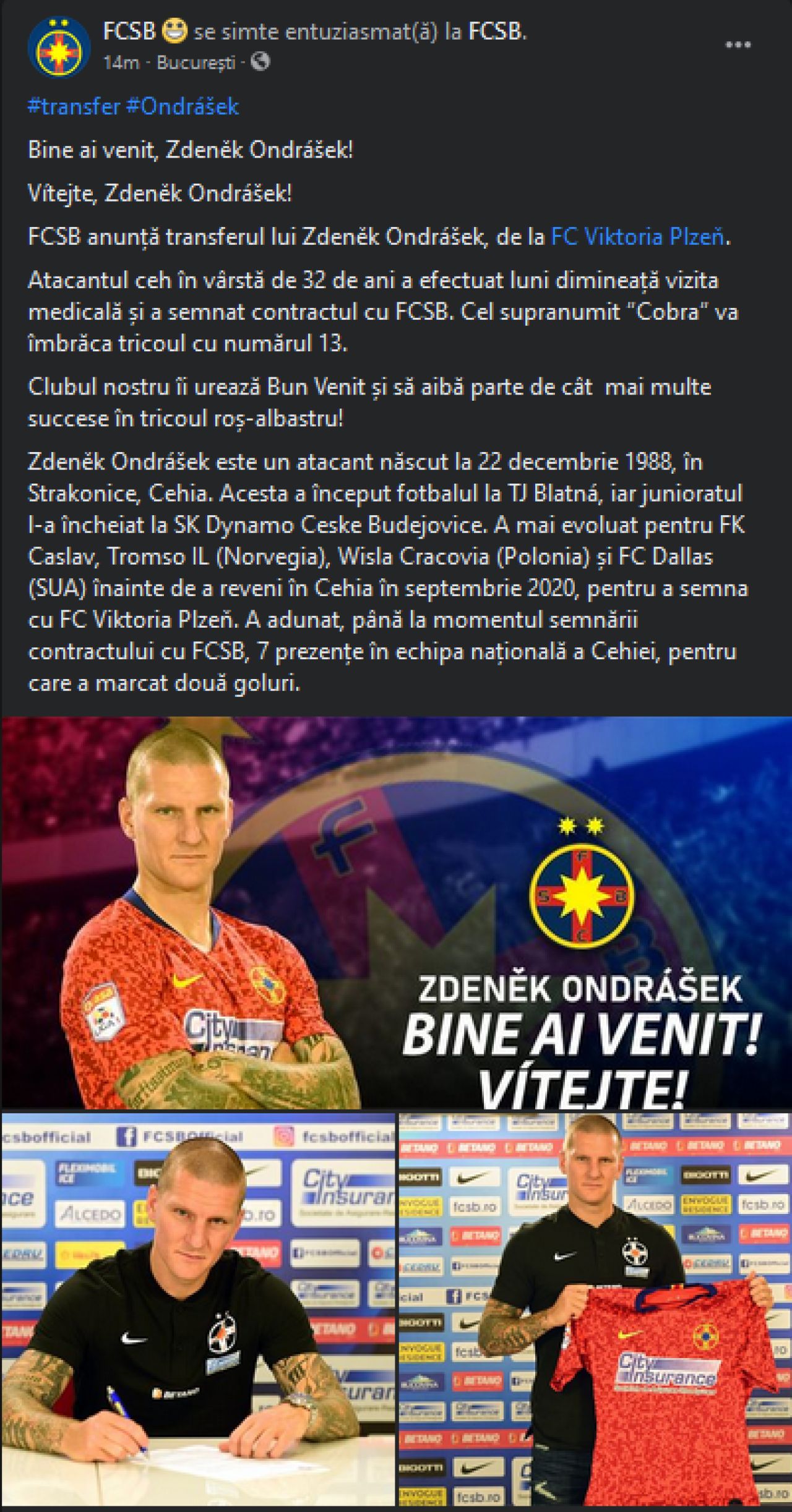 FCSB l-a prezentat oficial pe Ondrasek dupa ce varful de 32 de ani a trecut vizita medicala. Va purta numarul 13_1