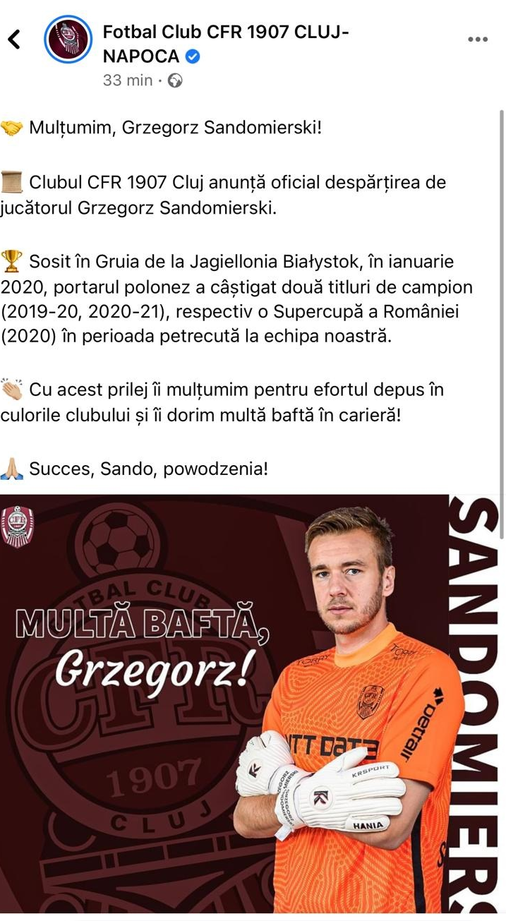 CFR Cluj s-a despartit de Gregorz Sandomierski! Anuntul oficial al campioanei Romaniei