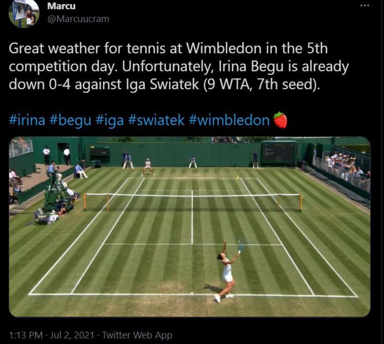 Rezultat dezastruos: Irina Begu, distrusa de Iga Swiatek (20 de ani, 9 WTA), scor 6-1, 6-0 in turul 3 la Wimbledon. Premiu financiar considerabil incasat de Begu, in ciuda esecului dureros _3