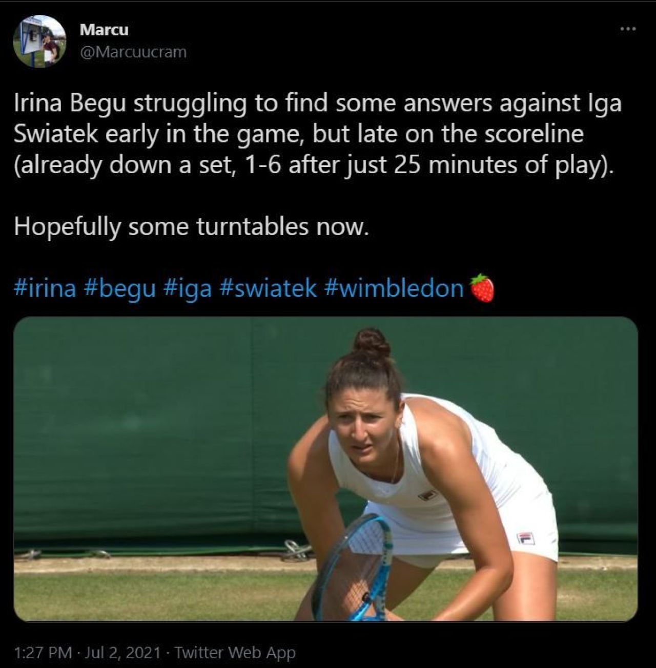 Rezultat dezastruos: Irina Begu, distrusa de Iga Swiatek (20 de ani, 9 WTA), scor 6-1, 6-0 in turul 3 la Wimbledon. Premiu financiar considerabil incasat de Begu, in ciuda esecului dureros _4