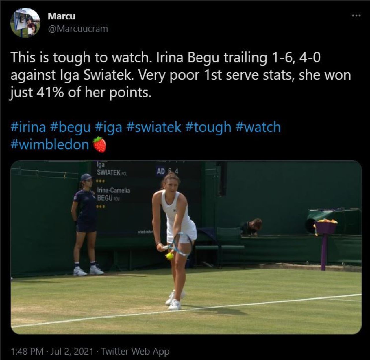 Rezultat dezastruos: Irina Begu, distrusa de Iga Swiatek (20 de ani, 9 WTA), scor 6-1, 6-0 in turul 3 la Wimbledon. Premiu financiar considerabil incasat de Begu, in ciuda esecului dureros _5